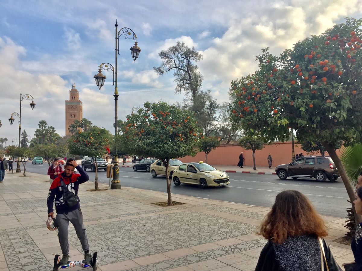 Orange trees line the streets of Marrakesh, here leading to the Koutoubia Mosque